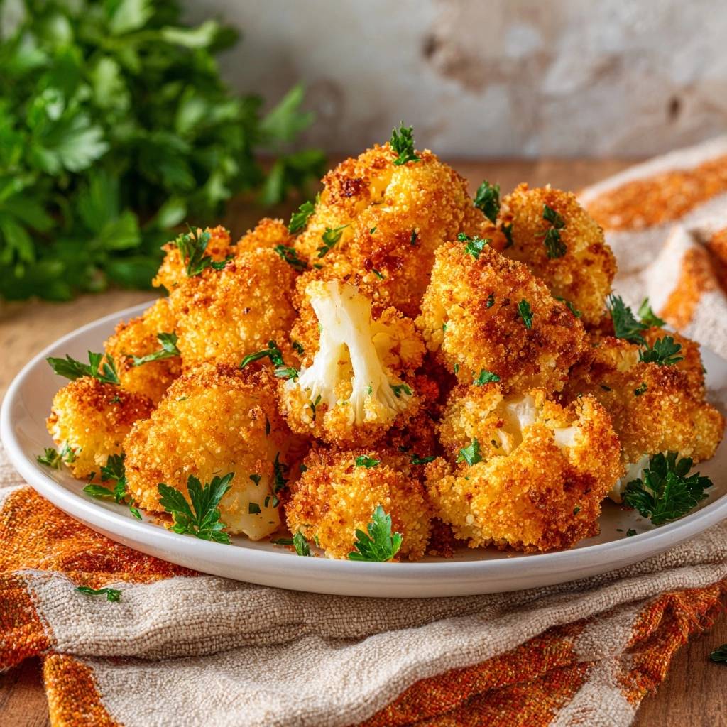 Crispy Panko Cauliflower, a close-up view of the golden-brown florets generously garnished with fresh parsley.