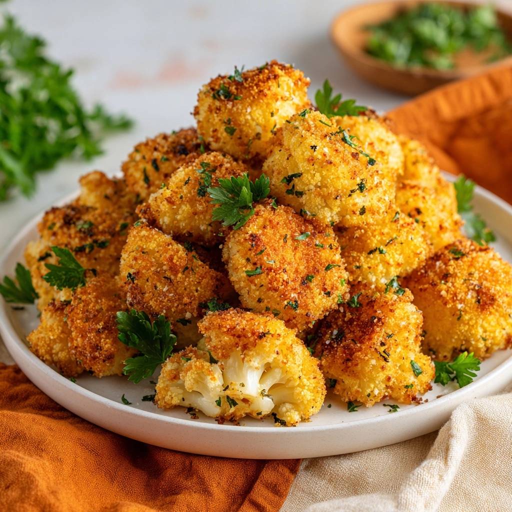 Crispy Panko Cauliflower That Stays Crunchy piled high on a white plate, garnished with fresh parsley.