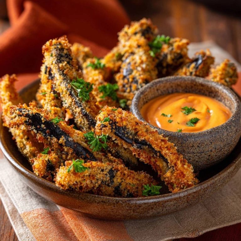Crispy panko eggplant fries served in a bowl with a side of orange dipping sauce and garnished with parsley.