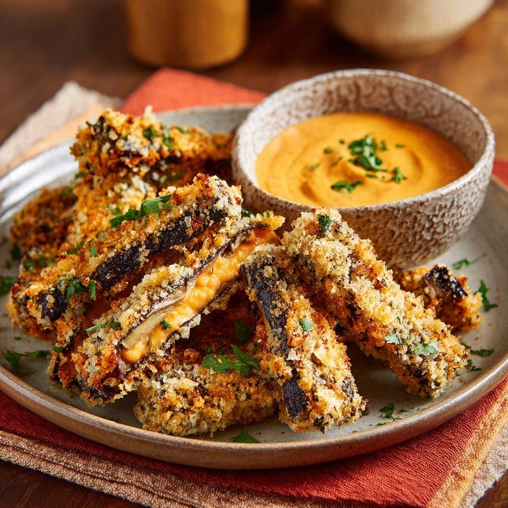 Crispy Panko Eggplant Fries showing a cheesy cross-section with a side of dipping sauce.