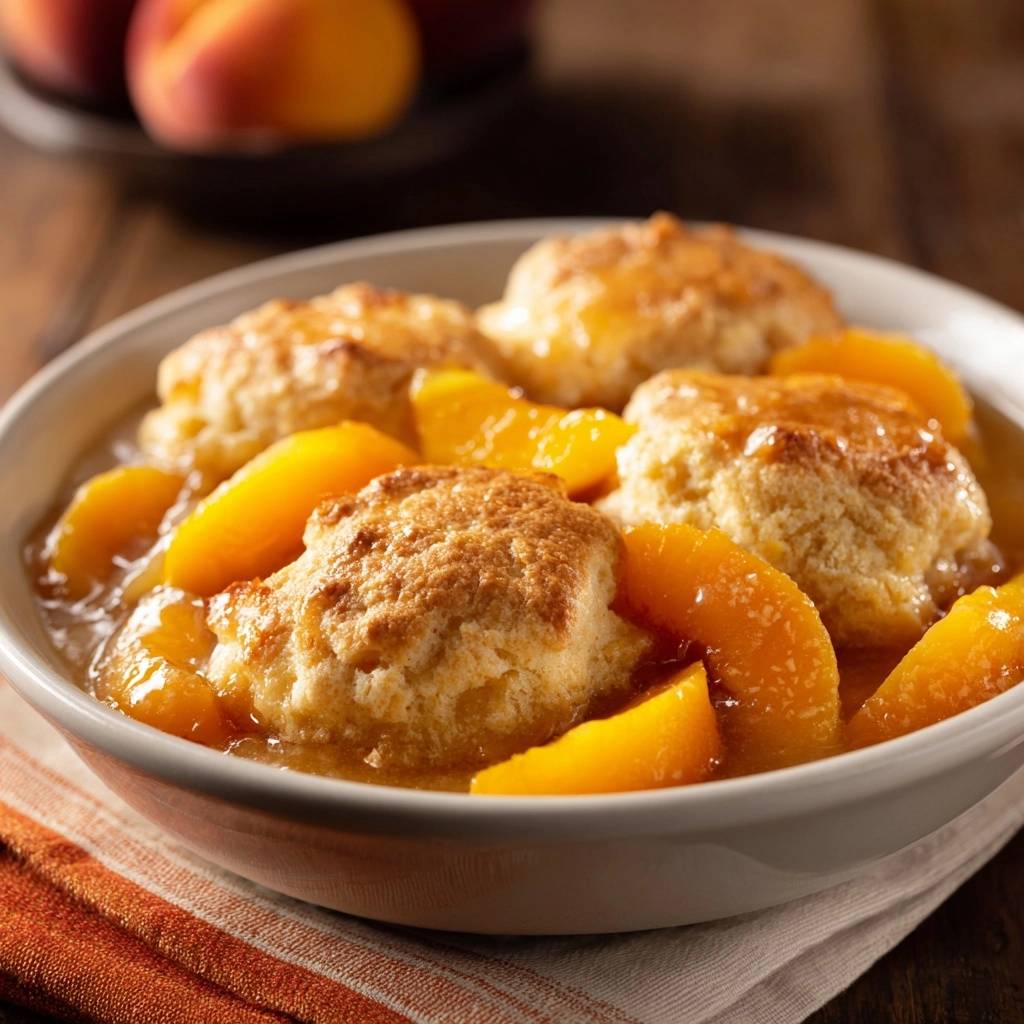 Peach dumplings with fluffy tops served warm in a white bowl, showcasing the tender fruit and golden biscuit topping.