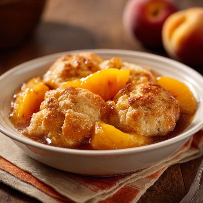 Peach dumplings with fluffy tops shown in a bowl with sliced peaches and syrup, close-up view.
