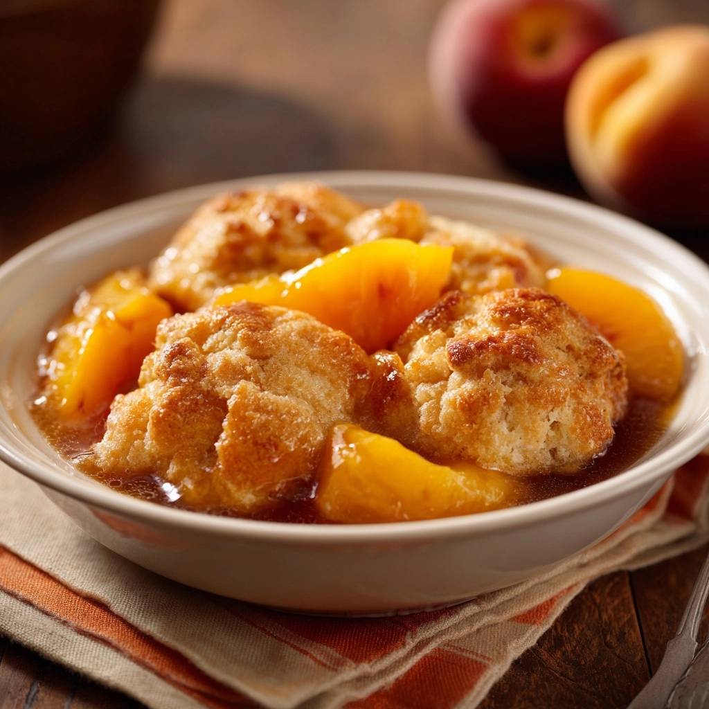 Peach dumplings with fluffy tops shown in a bowl with sliced peaches and syrup, close-up view.