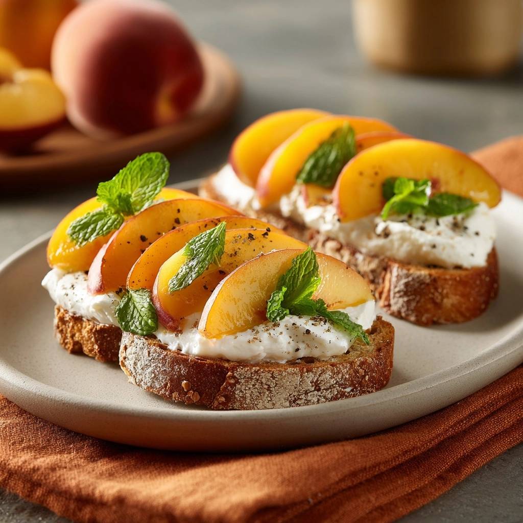 Peach ricotta toast with fresh mint and black pepper, presented as two servings on a plate.