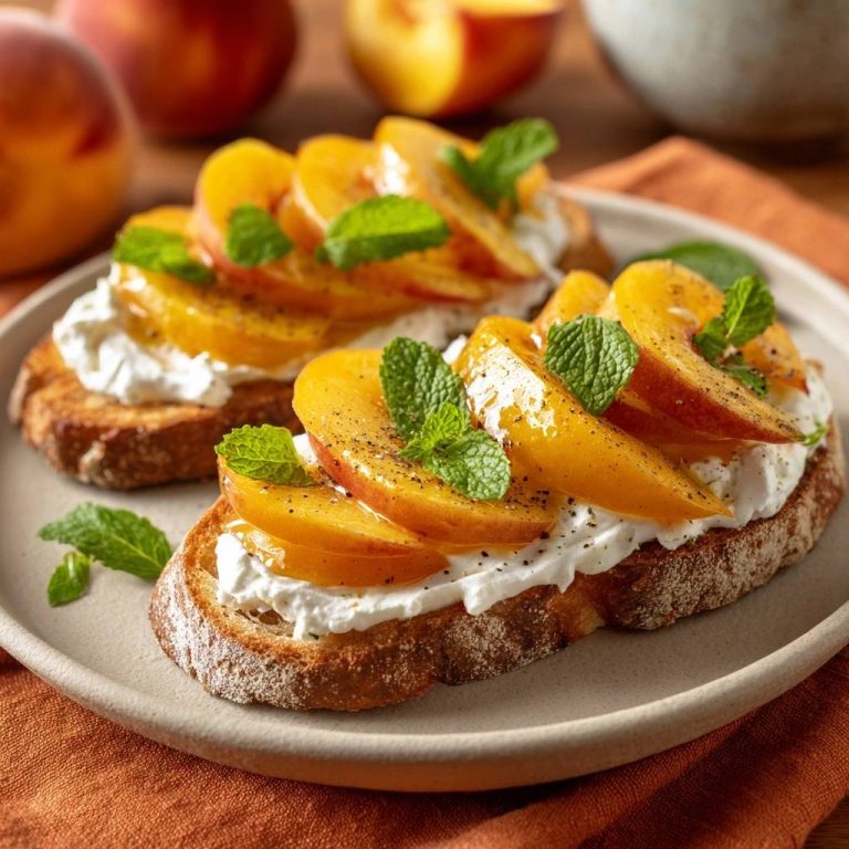 Peach ricotta toast featuring two open-faced bruschetta slices topped with fresh peaches and mint leaves on a plate.
