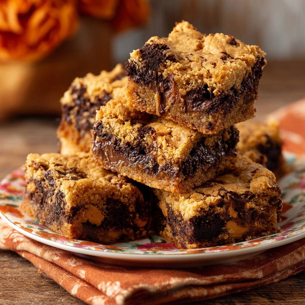 Peanut Butter Chocolate Blondies stacked closely on a decorative plate, showcasing their rich chocolate and peanut butter layers.