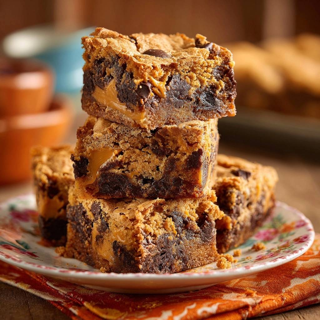 Peanut Butter Chocolate Blondies stacked in a cross-section showing the gooey caramel and chocolate layers.
