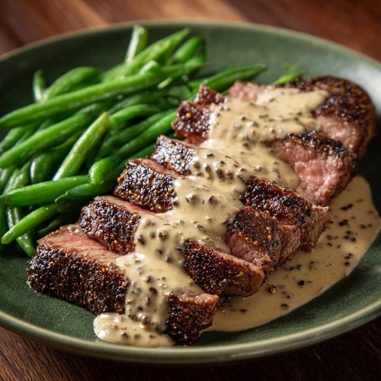 Peppercorn crusted steak with creamy pan sauce, sliced and plated with green beans, showing a close-up view of the steak's interior.