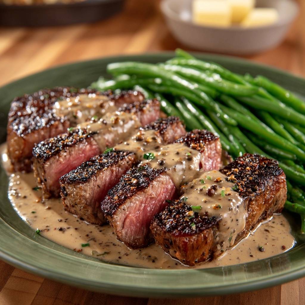 Peppercorn crusted steak sliced and plated with a creamy pan sauce and green beans.