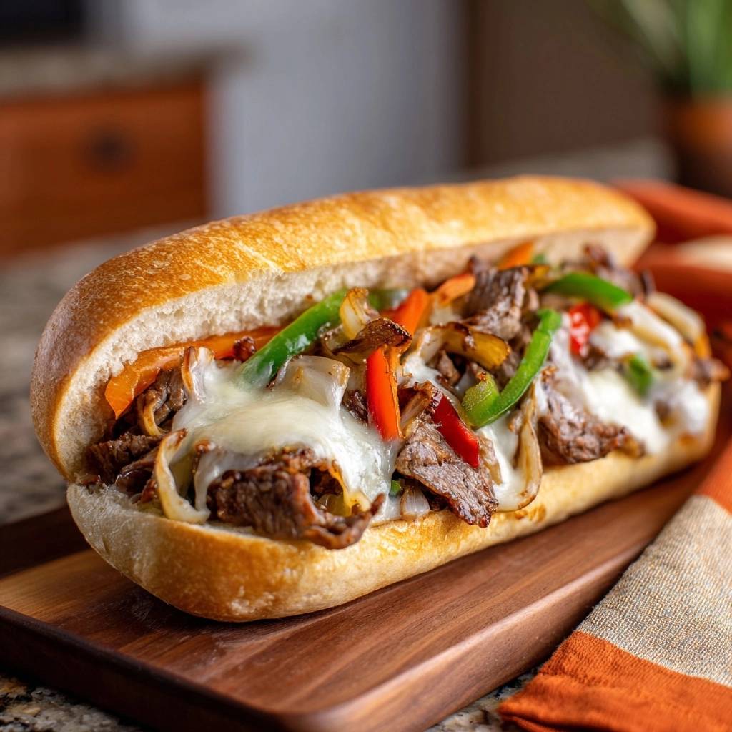 Philly cheesesteak sandwiches loaded with juicy ribeye, melted cheese, and colorful peppers on a toasted bun.