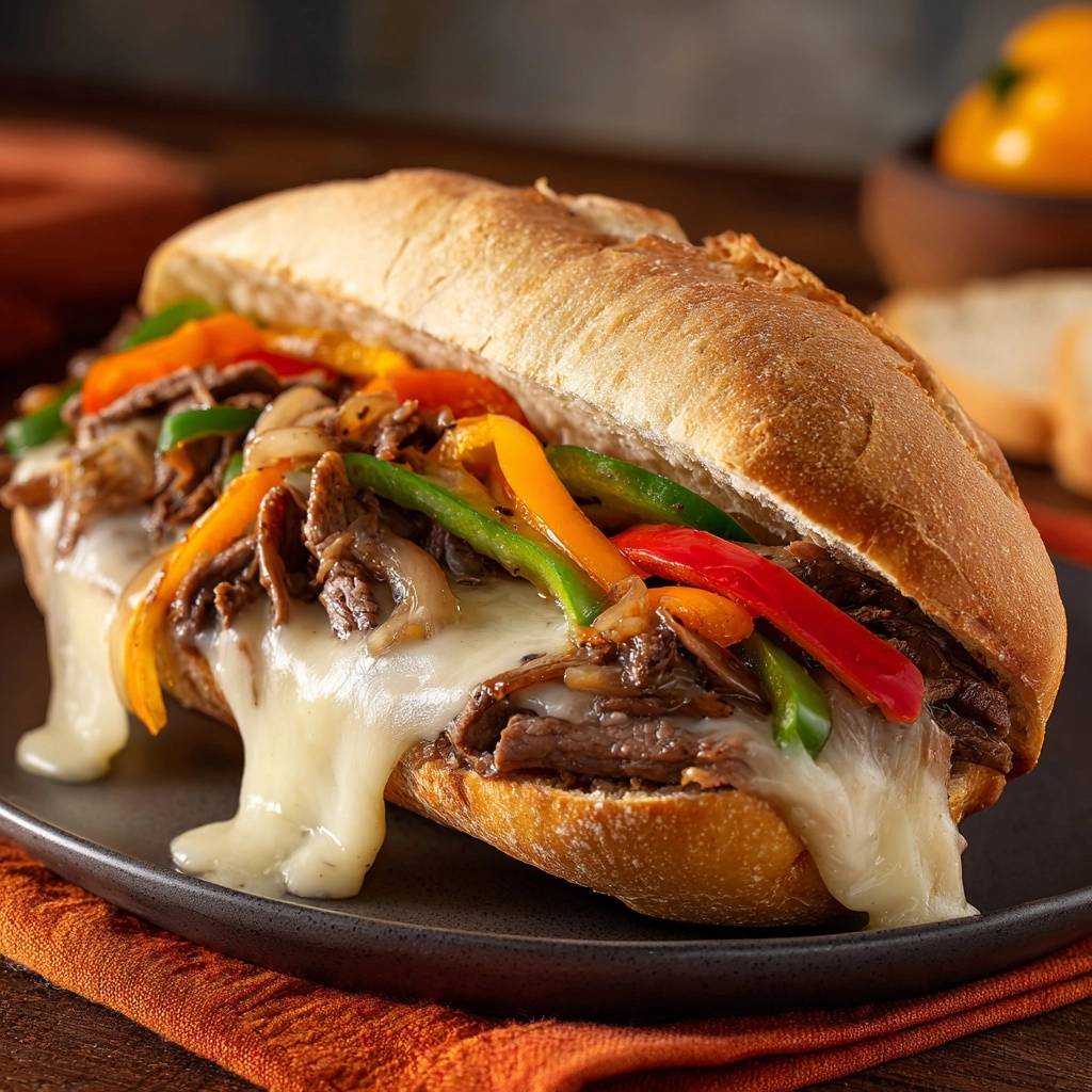 Philly cheesesteak sandwiches with juicy ribeye, colorful peppers, and onions, oozing with melted cheese on a toasted roll.