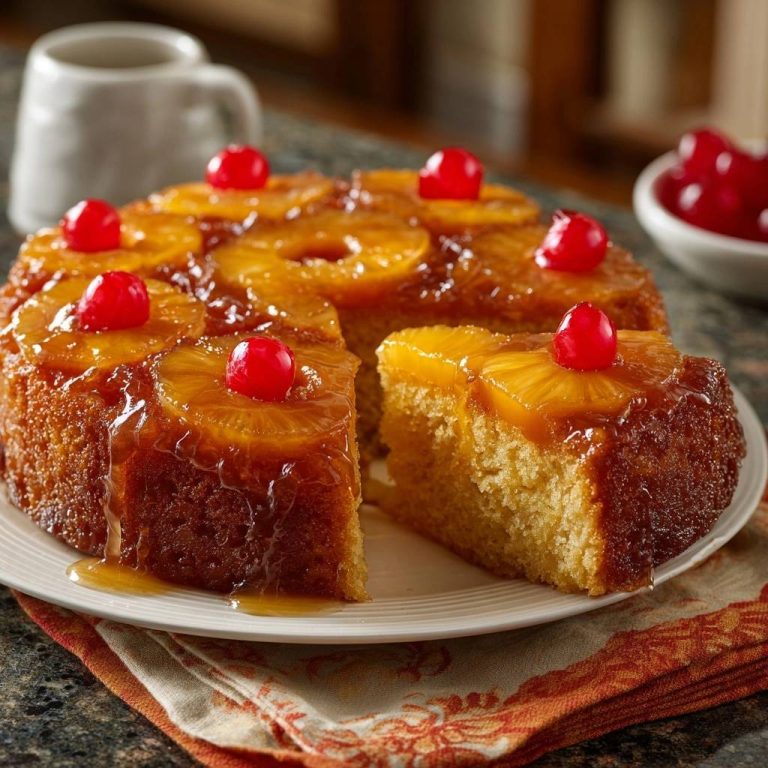 Pineapple upside-down cake with foolproof release, sliced and garnished with cherries, showing a piece on a plate.