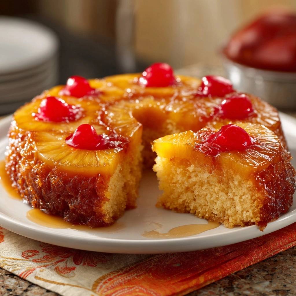 Pineapple upside-down cake with a single slice removed, showing the moist interior and cherry topping.