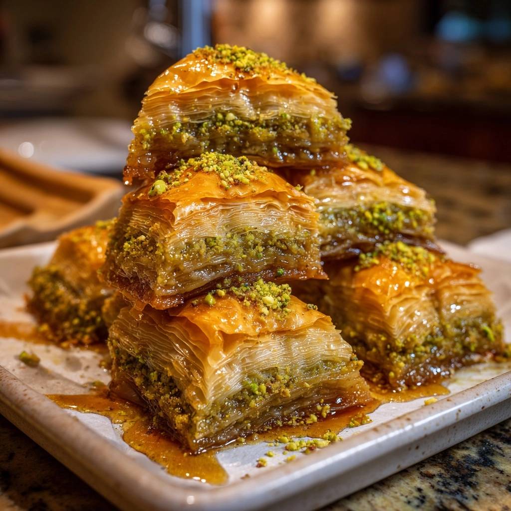 Pistachio baklava with crisp layers stacked high, drizzled with syrup and topped with chopped pistachios.