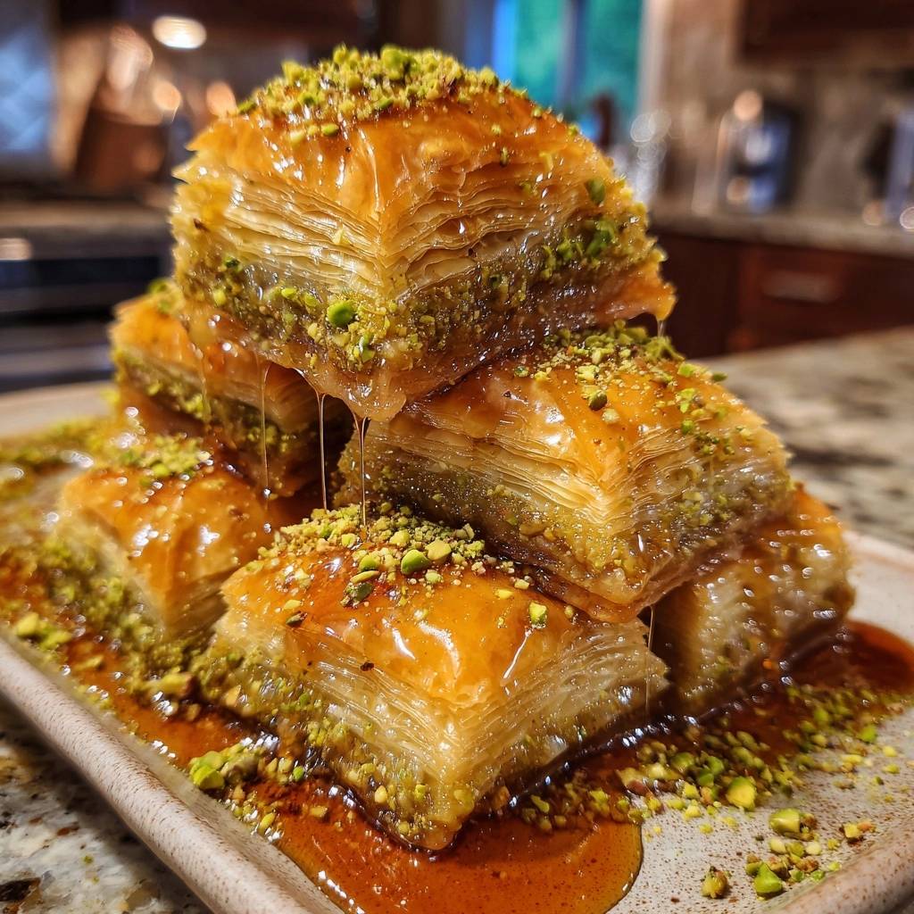 Pistachio baklava with syrup drizzling over crisp layers and chopped nuts, a close-up detail shot.