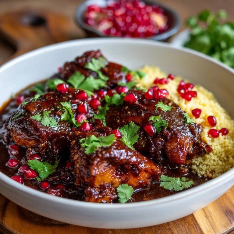 Pomegranate glazed braised chicken close-up, served with couscous and garnished with fresh cilantro and pomegranate seeds.