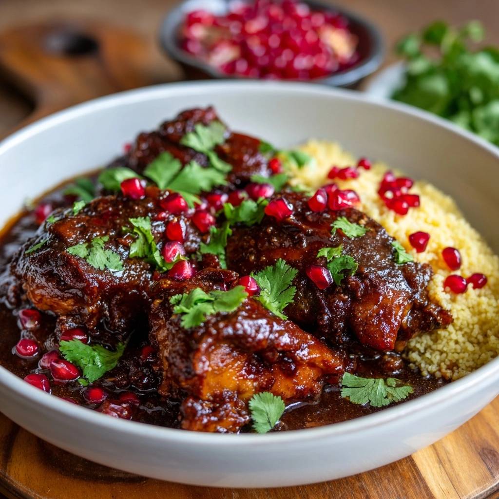 Pomegranate glazed braised chicken close-up, served with couscous and garnished with fresh cilantro and pomegranate seeds.