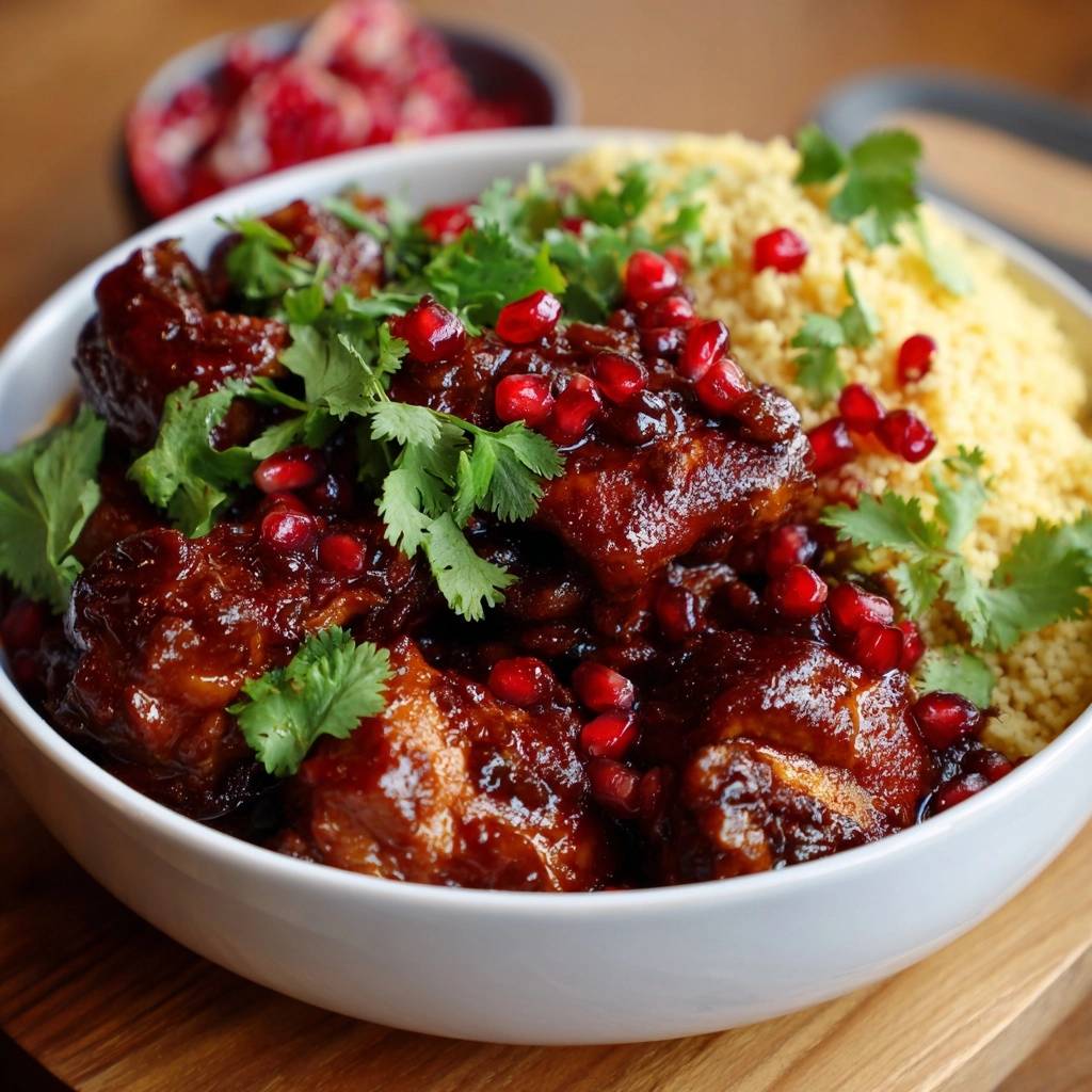 Pomegranate glazed braised chicken in a bowl, topped with pomegranate seeds and fresh cilantro, served with couscous.