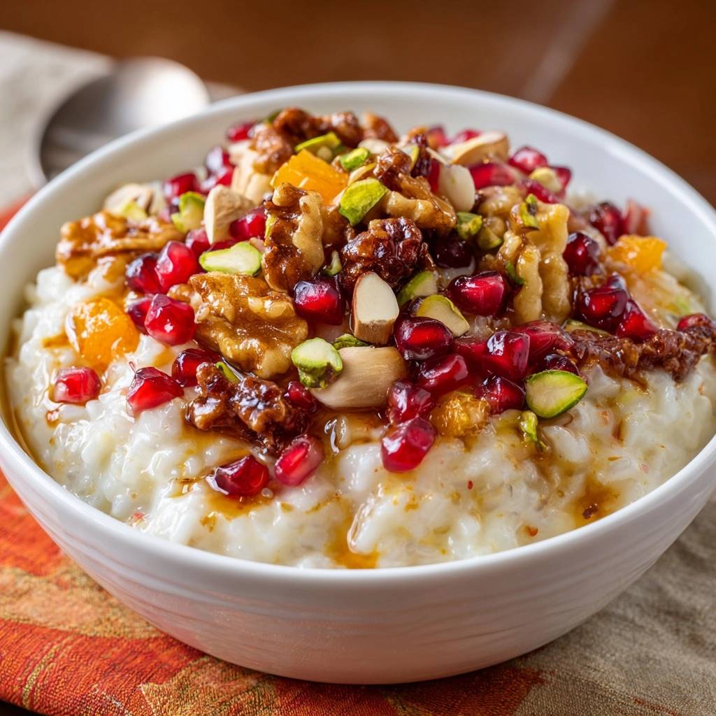Creamy pomegranate nut rice pudding topped with fresh pomegranate seeds, walnuts, and pistachios in a white bowl.