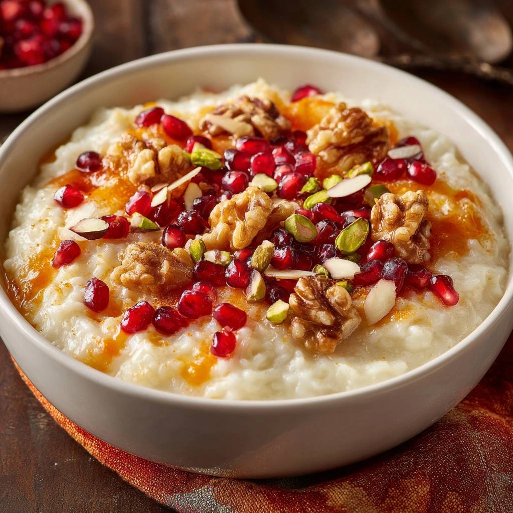 Creamy pomegranate nut rice pudding generously garnished with walnuts, pistachios, and pomegranate seeds, drizzled with syrup.