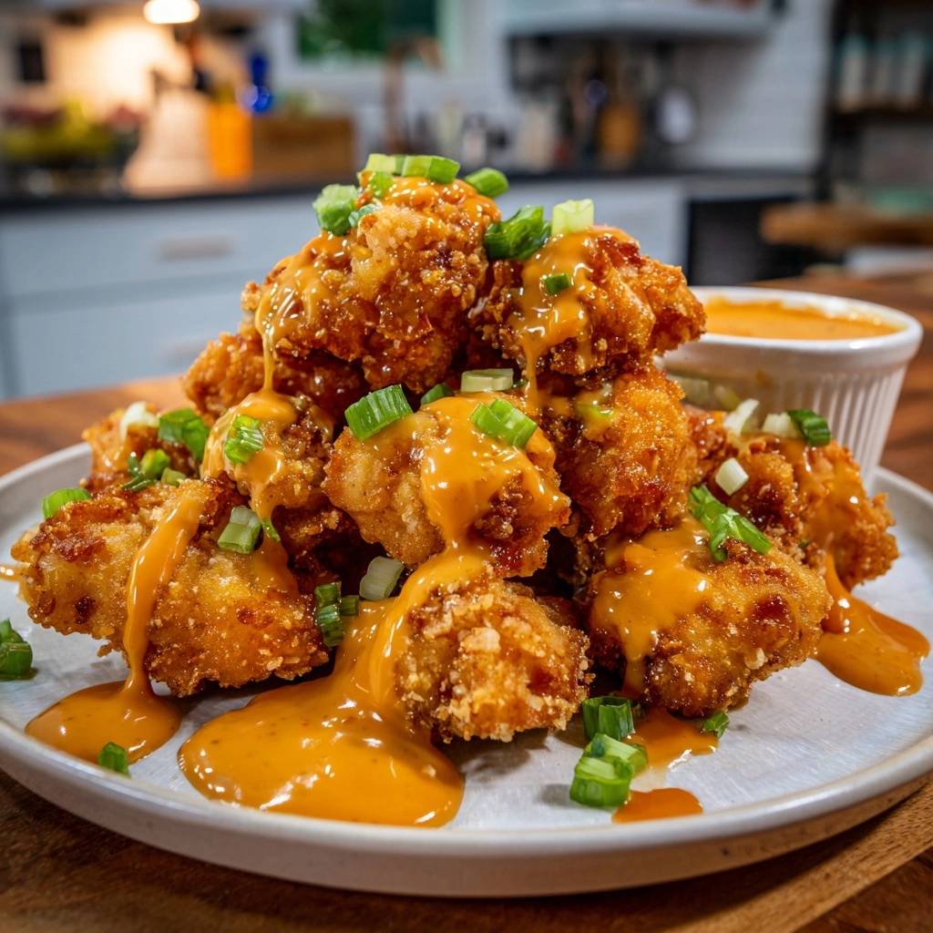 Crispy popcorn chicken with cheese sauce drizzled generously and garnished with chopped green onions on a plate.