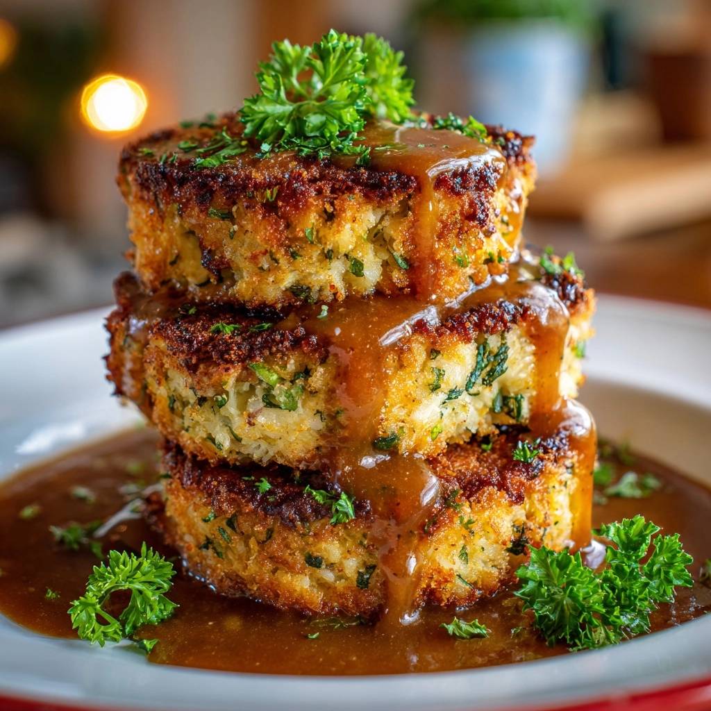 Crispy golden potato cakes are stacked and drizzled with savory gravy, garnished with fresh parsley.