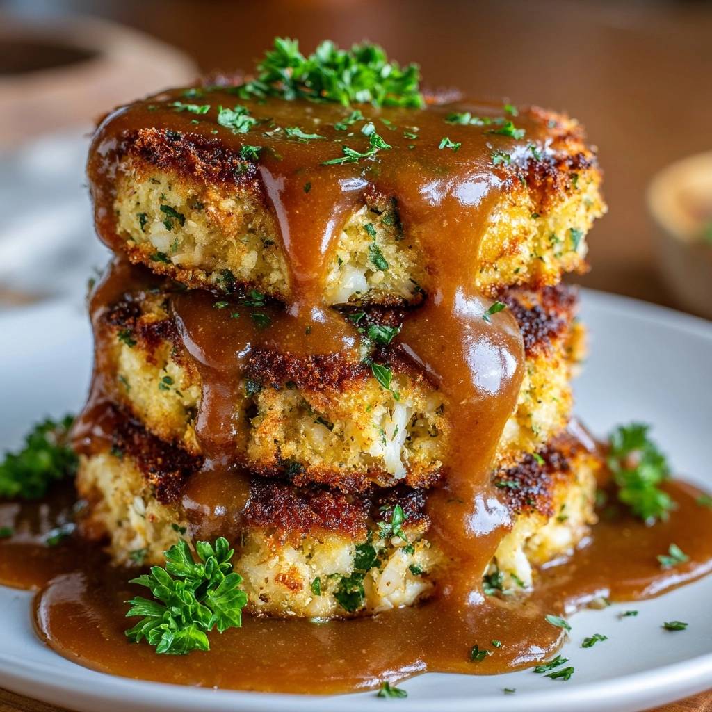 Crispy golden potato cakes stacked high and drizzled with rich brown gravy, garnished with fresh parsley.