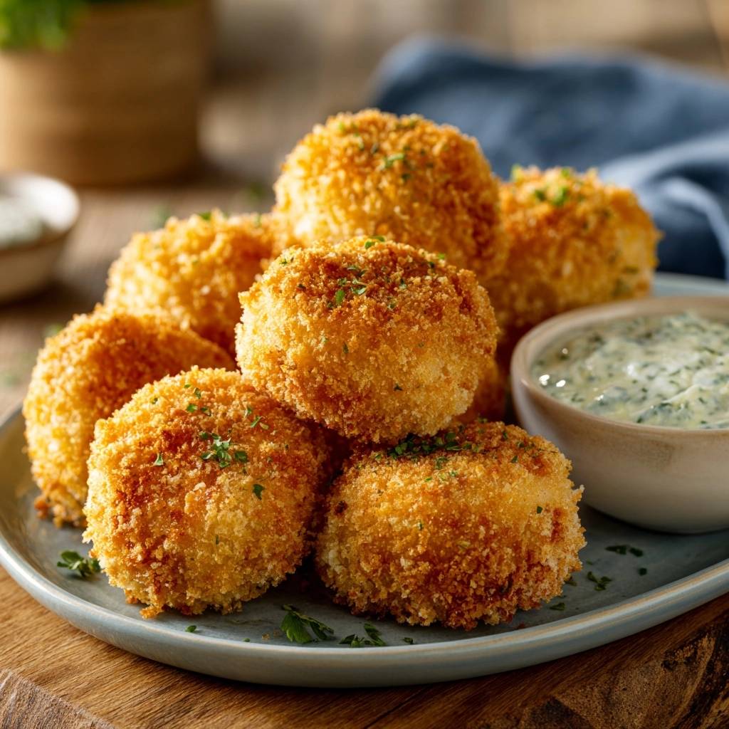 Crispy potato croquettes are golden brown and served with a creamy herb dip on a plate.