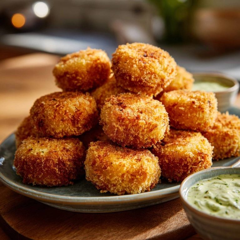Crispy potato croquettes stacked high on a plate, served with a side of green dipping sauce.