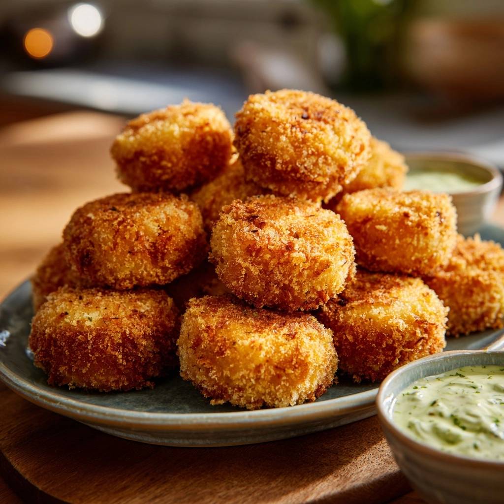 Crispy potato croquettes stacked high on a plate, served with a side of green dipping sauce.
