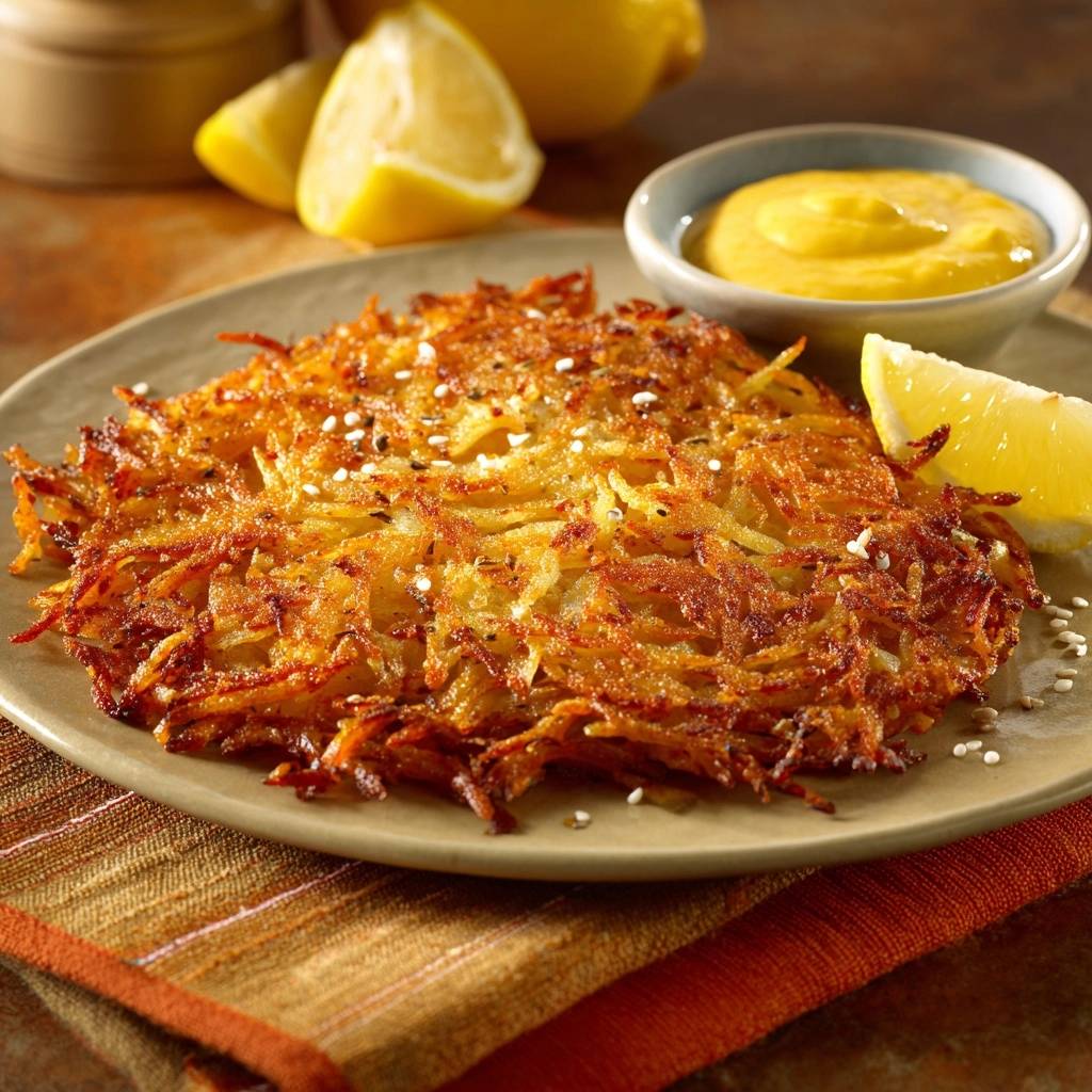 Crispy potato latkes plated with a lemon wedge and a side of mustard dip.