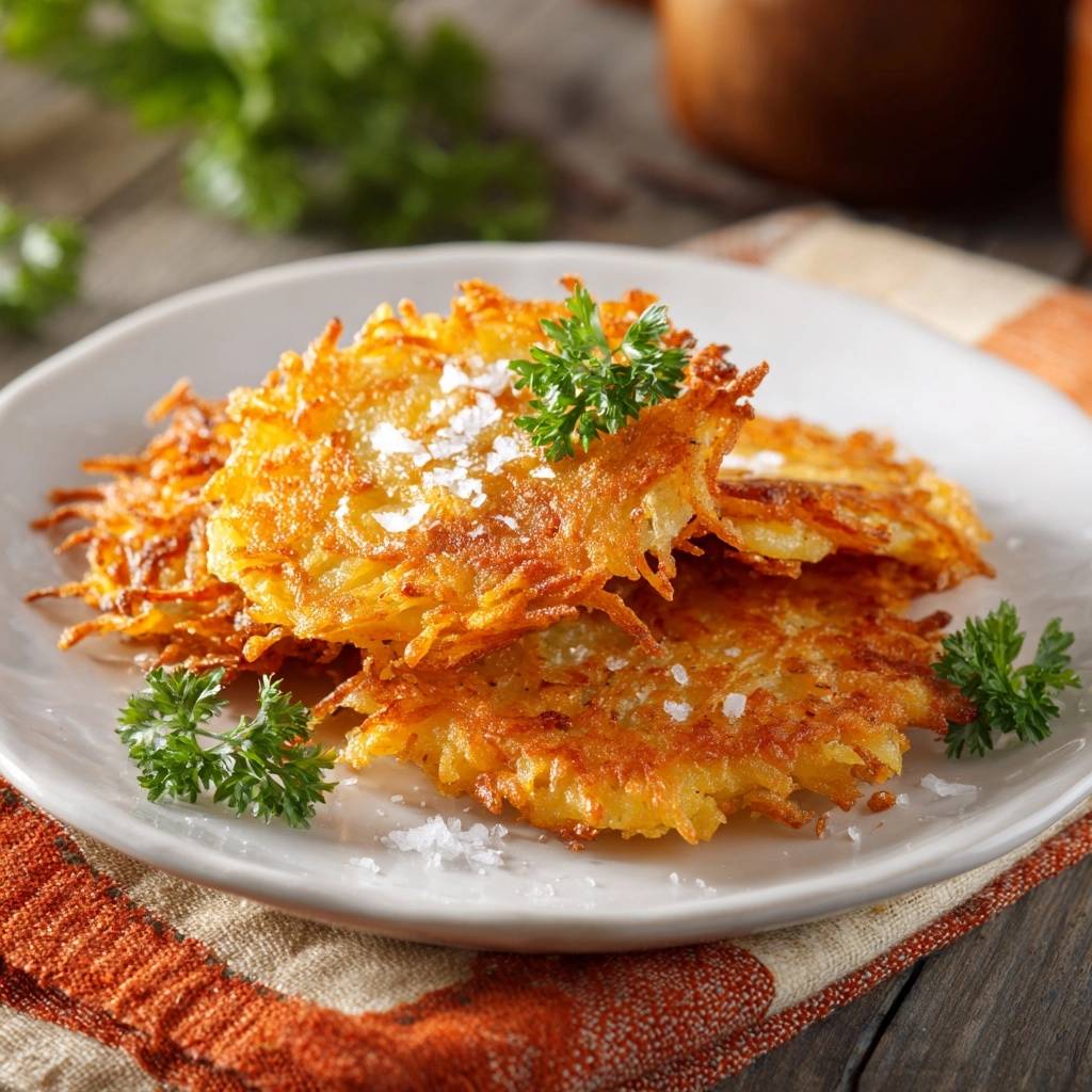 Crispy potato latkes plated with fresh parsley garnish and sprinkled with sea salt.