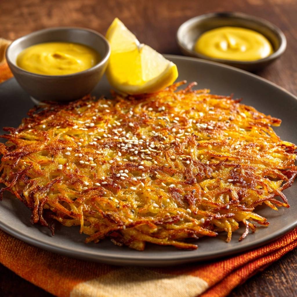 Crispy potato latkes with a close-up detail of sesame seeds sprinkled on top, served with lemon and mustard.