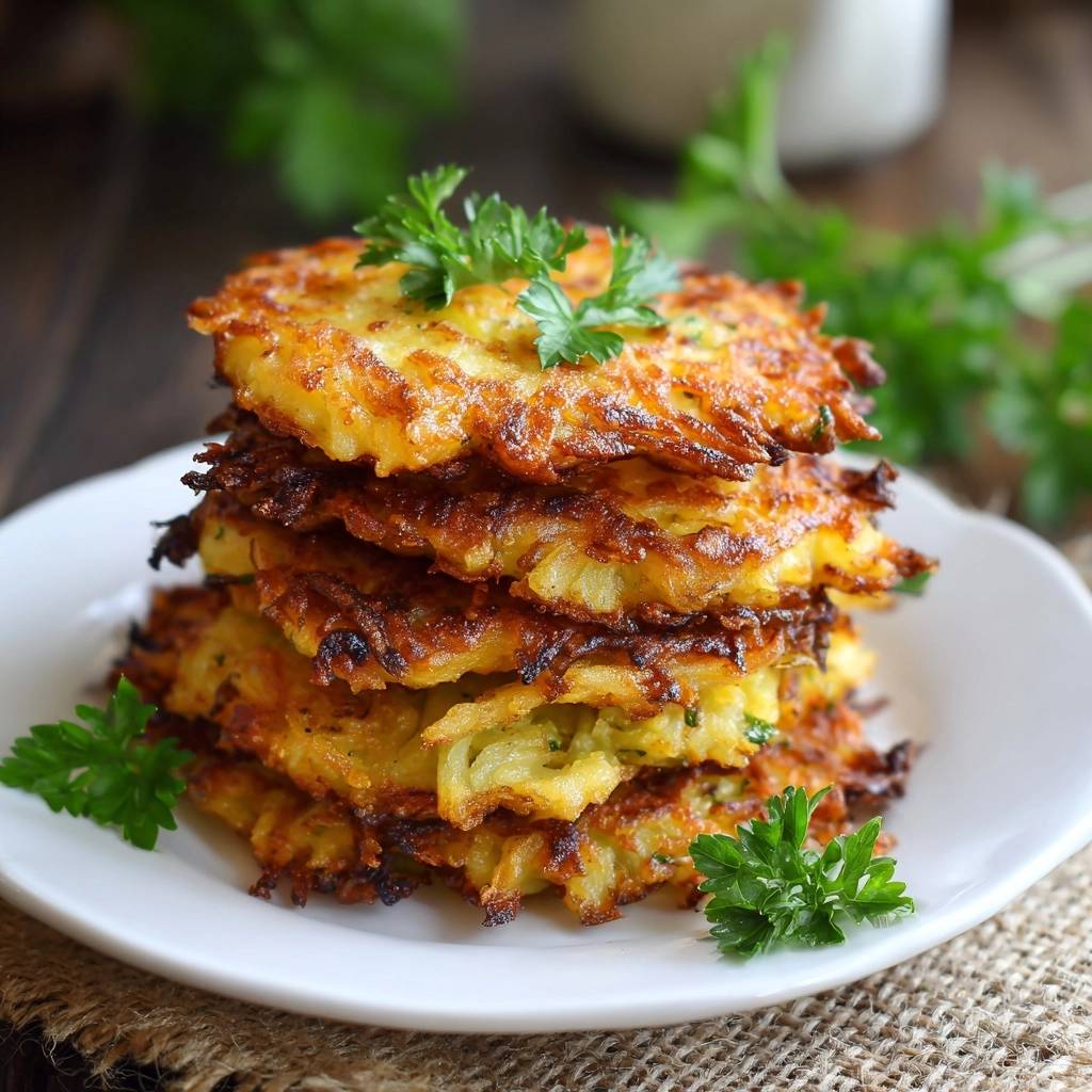 Golden crispy potato latkes stacked high and garnished with fresh parsley on a white plate.