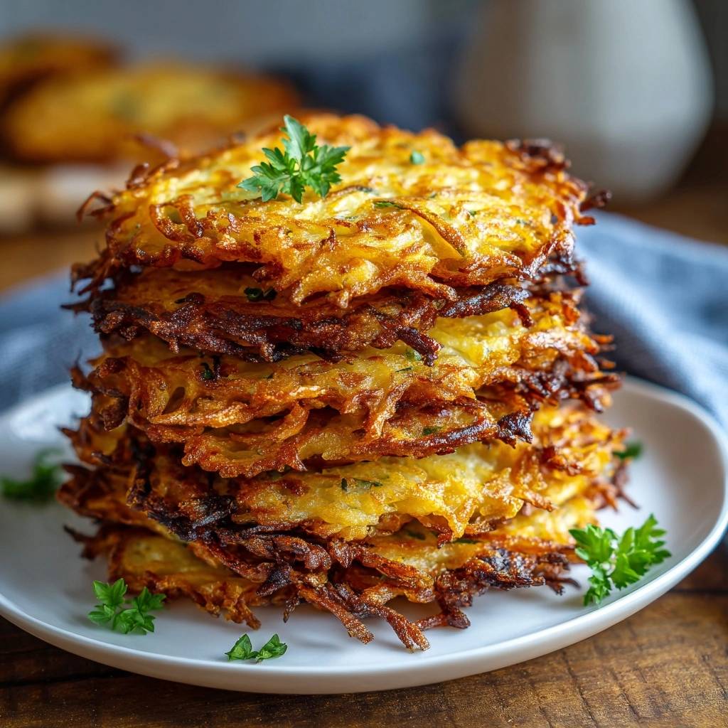 Golden crispy potato latkes stacked high on a white plate, garnished with fresh parsley.