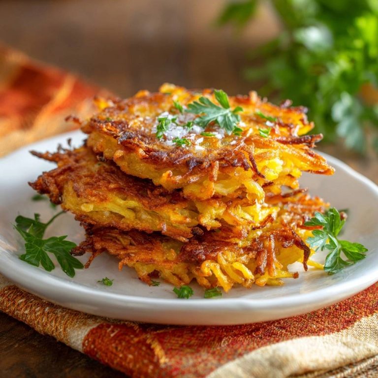 Crispy potato latkes stacked on a white plate, garnished with fresh parsley and coarse salt.