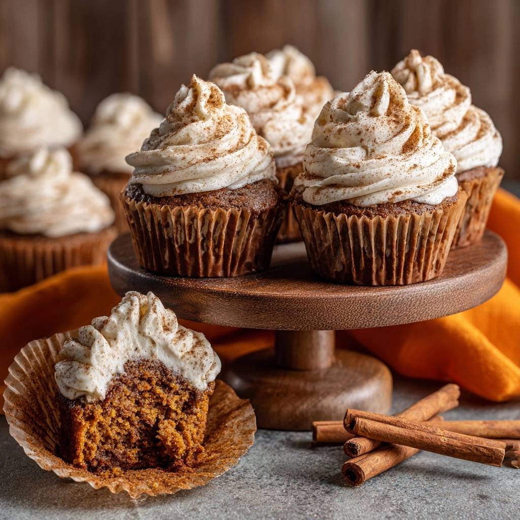 Pumpkin cream cheese cupcakes with light fluffy crumb, shown with a close-up cross-section revealing the moist interior texture.