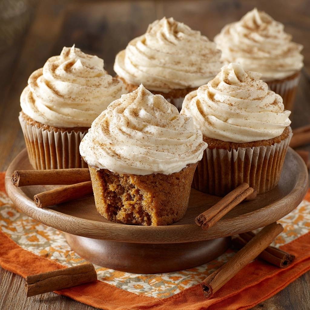 Pumpkin cream cheese cupcakes with light fluffy crumb, one cupcake has a bite taken out revealing the interior texture.
