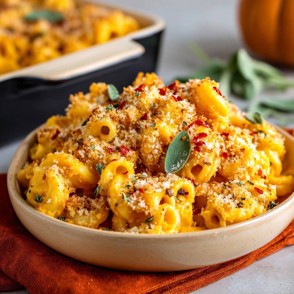 Pumpkin sage mac and cheese with a crunchy breadcrumb topping and red pepper flakes in a bowl.