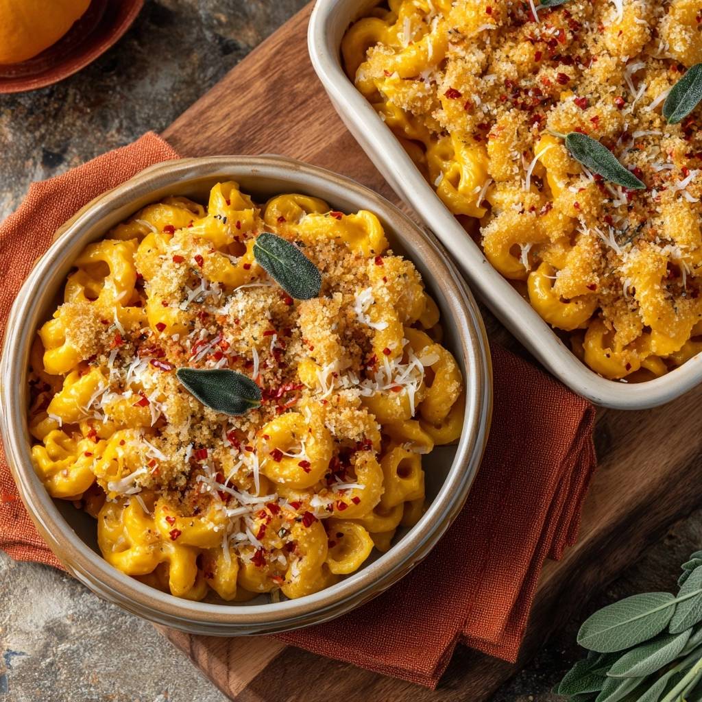 Pumpkin sage mac and cheese with crunchy topping shown in two serving bowls, garnished with sage leaves and red pepper flakes.