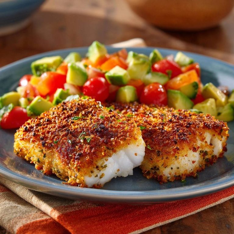 Quinoa-crusted white fish plated with a side of fresh avocado and tomato salad.