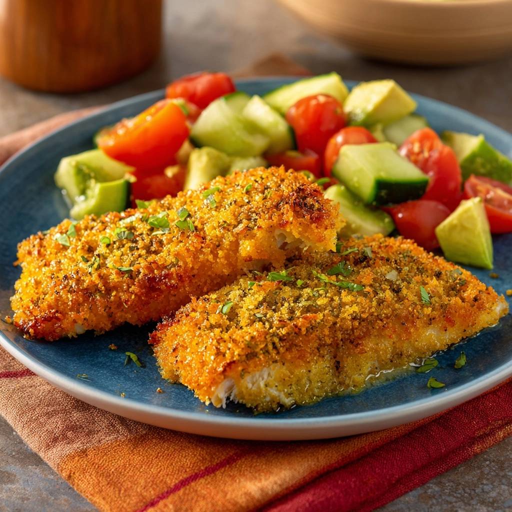 Quinoa-crusted white fish plated with a fresh tomato and cucumber salad, showcasing its golden topping.