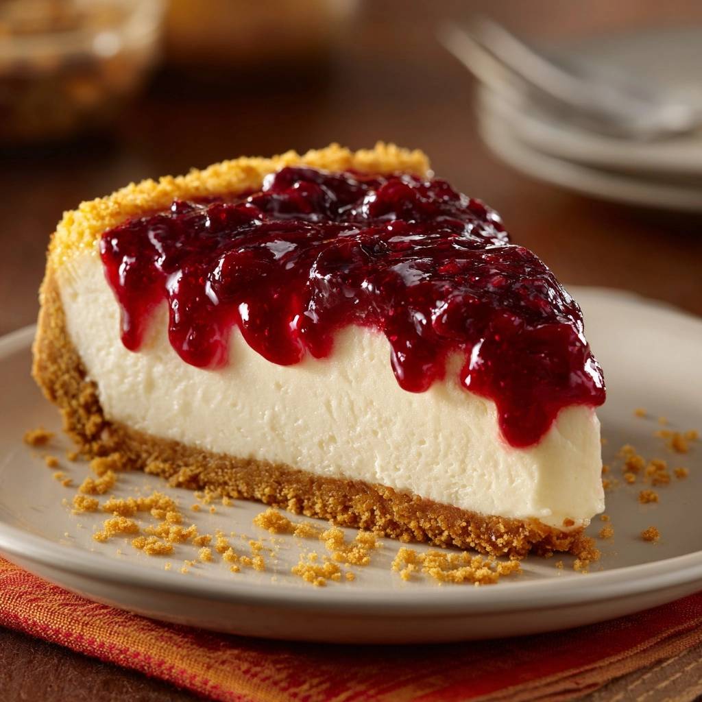 Raspberry cheesecake cross-section showing a smooth filling and rich raspberry topping, a single serving on a plate.