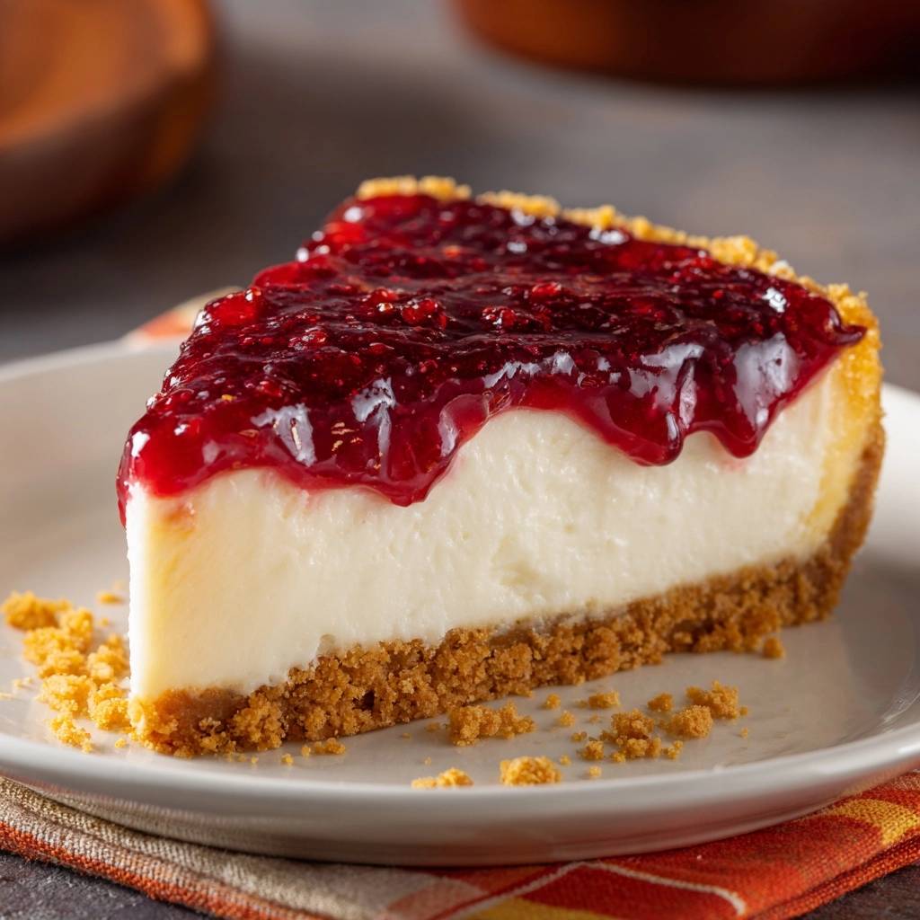 Raspberry cheesecake without cracks, a single slice with a raspberry topping and graham cracker crust shown in a close-up view.