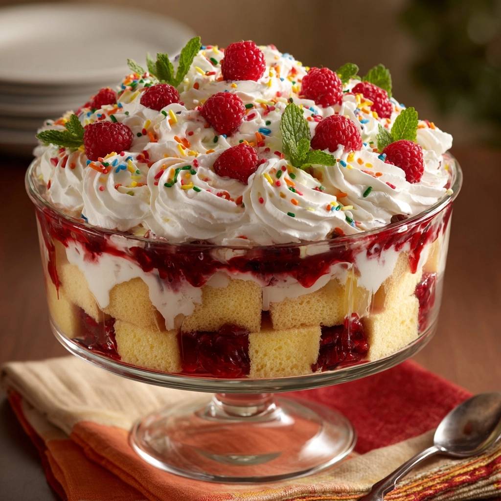 Raspberry Trifle Dream dessert shown in a glass bowl with visible layers of cake, jam, and whipped cream, topped with fresh raspberries and sprinkles.
