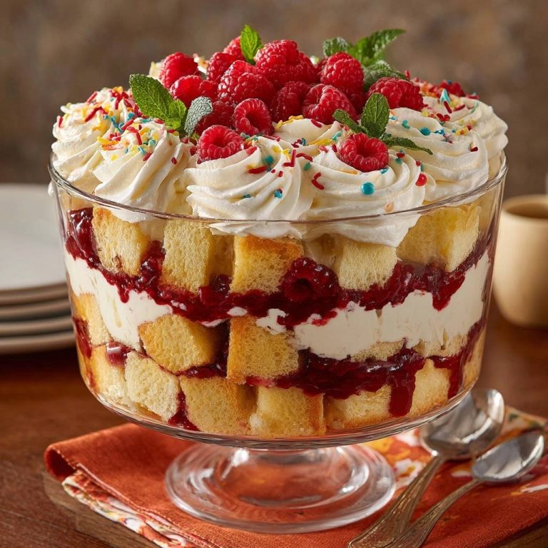 Raspberry Trifle Dream layered in a glass bowl, with visible cake cubes, raspberry filling, and whipped cream topping.