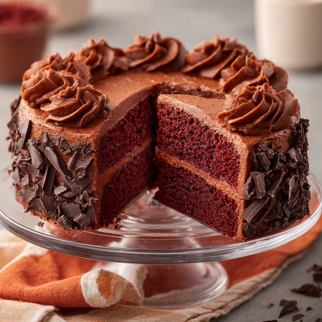 Red velvet cake with chocolate frosting shown in a close-up cross-section, adorned with chocolate shavings on a cake stand.