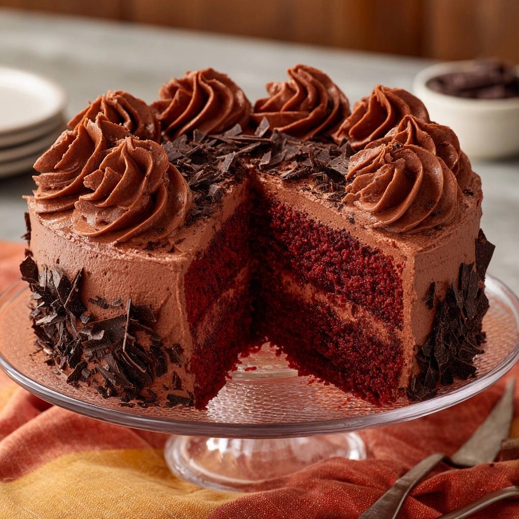Red velvet cake with chocolate frosting shown in a detailed cross-section revealing its layers.