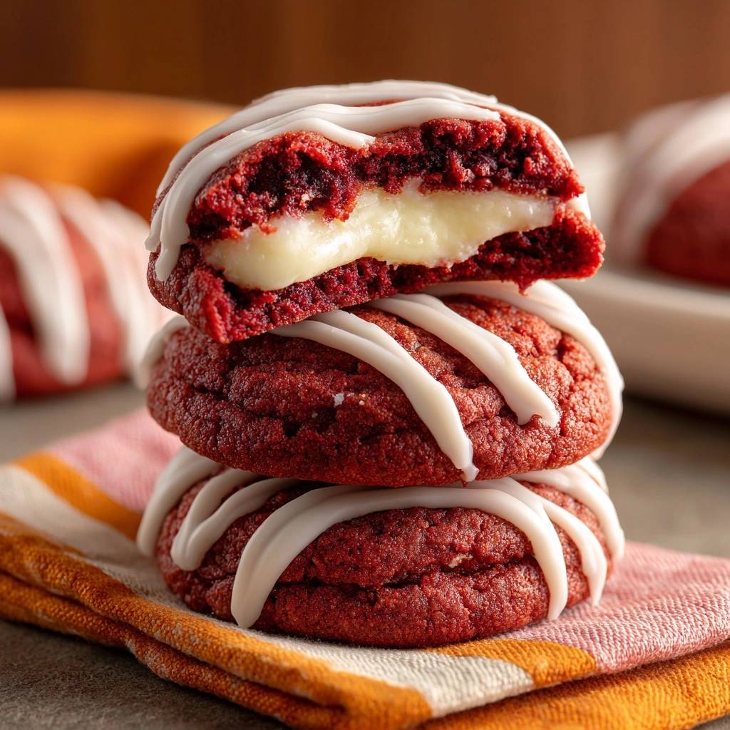 Red velvet cream cheese stuffed cookies cross-section revealing gooey filling and drizzled icing.