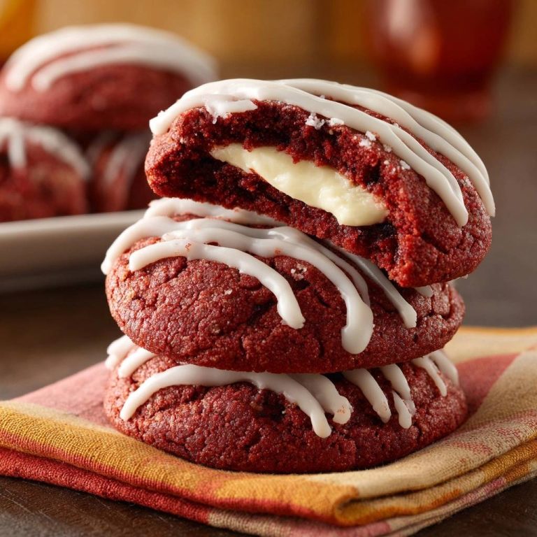 Red velvet cream cheese stuffed cookies cross-section stack, showing the gooey cream cheese filling inside.